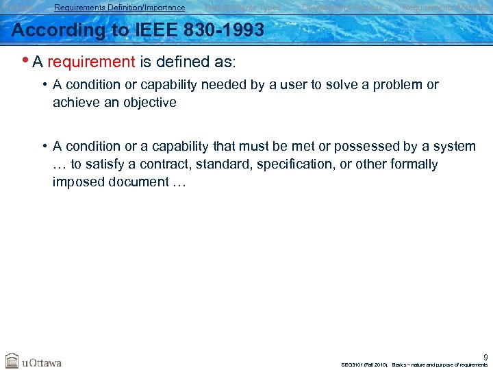 Failures Requirements Definition/Importance Requirements Types Development Process Requirements Activities According to IEEE 830 -1993
