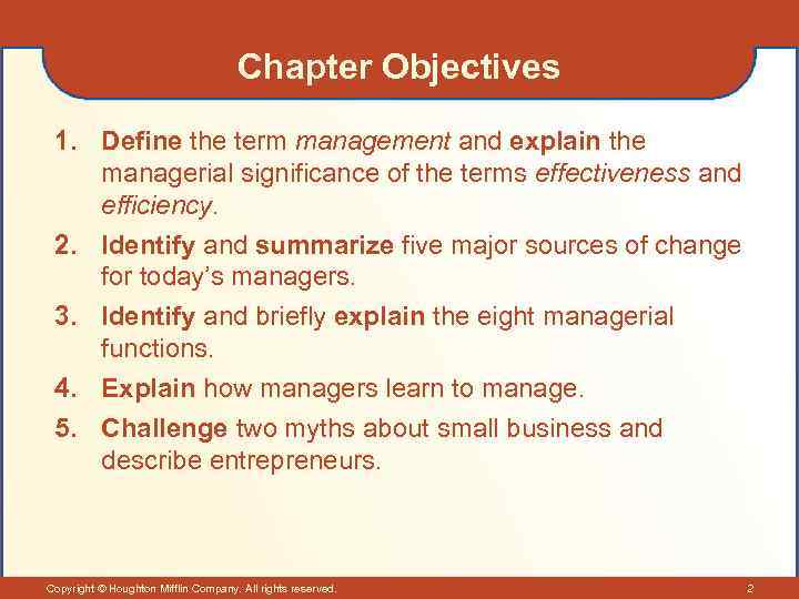 Chapter Objectives 1. Define the term management and explain the managerial significance of the