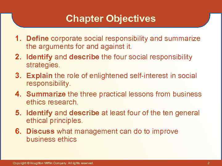 Chapter Objectives 1. Define corporate social responsibility and summarize the arguments for and against