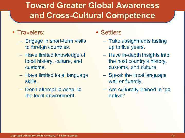 Toward Greater Global Awareness and Cross-Cultural Competence • Travelers: • Settlers – Engage in