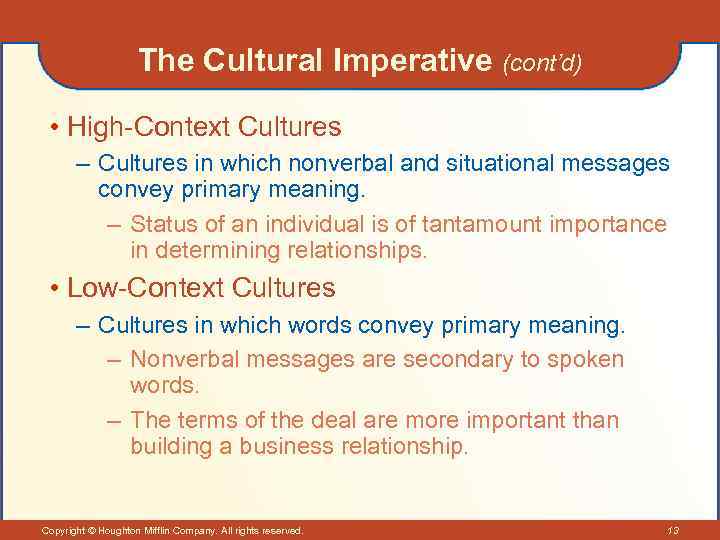 The Cultural Imperative (cont’d) • High-Context Cultures – Cultures in which nonverbal and situational
