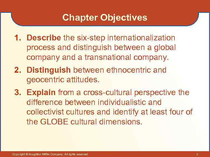 Chapter Objectives 1. Describe the six-step internationalization process and distinguish between a global company