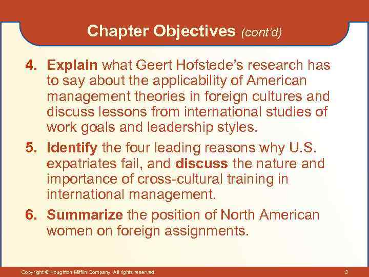 Chapter Objectives (cont’d) 4. Explain what Geert Hofstede’s research has to say about the