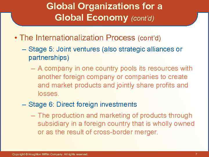 Global Organizations for a Global Economy (cont’d) • The Internationalization Process (cont’d) – Stage