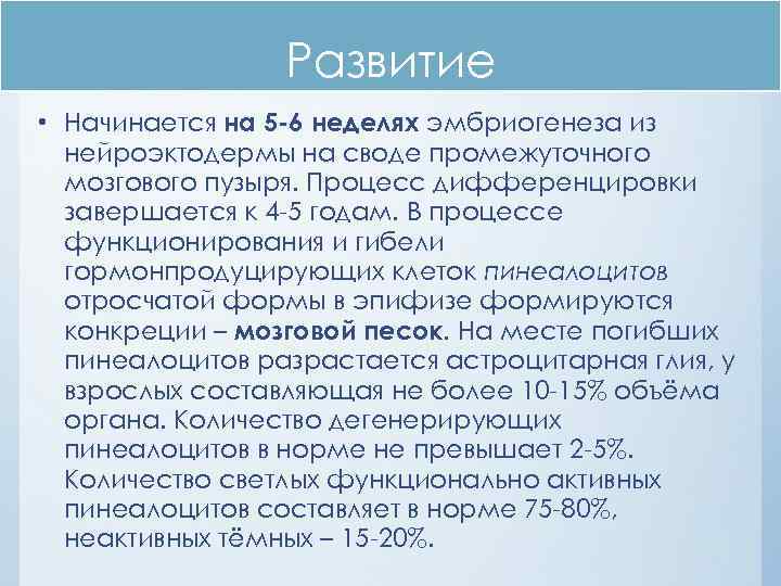 Развитие • Начинается на 5 -6 неделях эмбриогенеза из нейроэктодермы на своде промежуточного мозгового