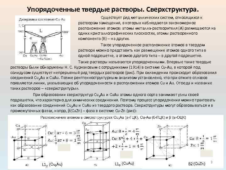 Упорядоченные твердые растворы. Сверхструктура. Существует ряд металлических систем, относящихся к растворам замещения, в которых