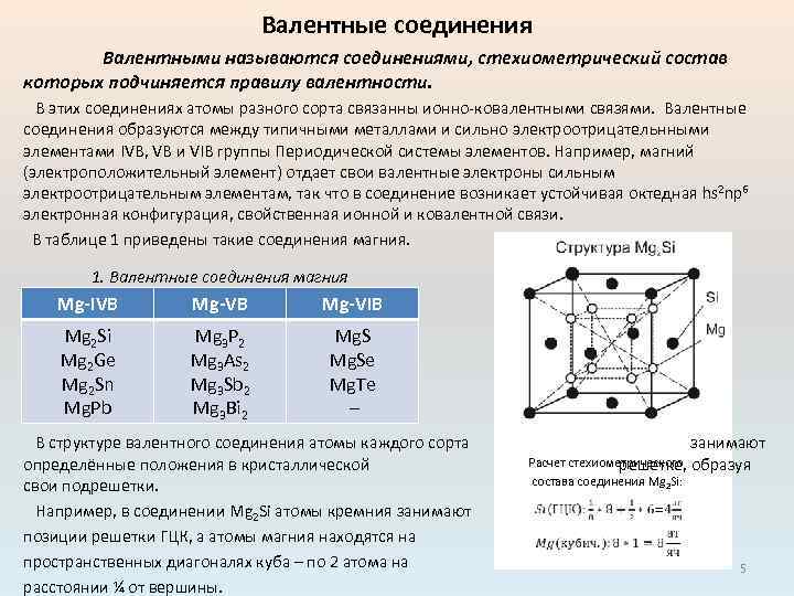 Валентные соединения Валентными называются соединениями, стехиометрический состав которых подчиняется правилу валентности. В этих соединениях