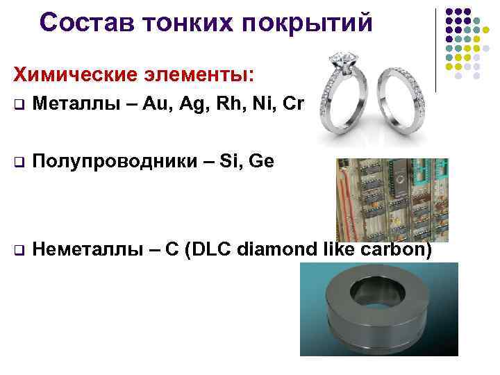 Состав тонких покрытий Химические элементы: q Металлы – Au, Ag, Rh, Ni, Cr q
