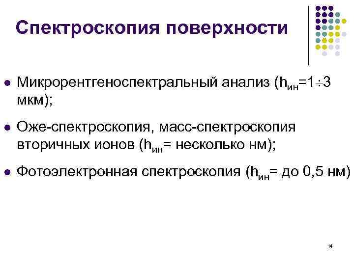 Спектроскопия поверхности l Микрорентгеноспектральный анализ (hин=1 3 мкм); l Оже-спектроскопия, масс-спектроскопия вторичных ионов (hин=