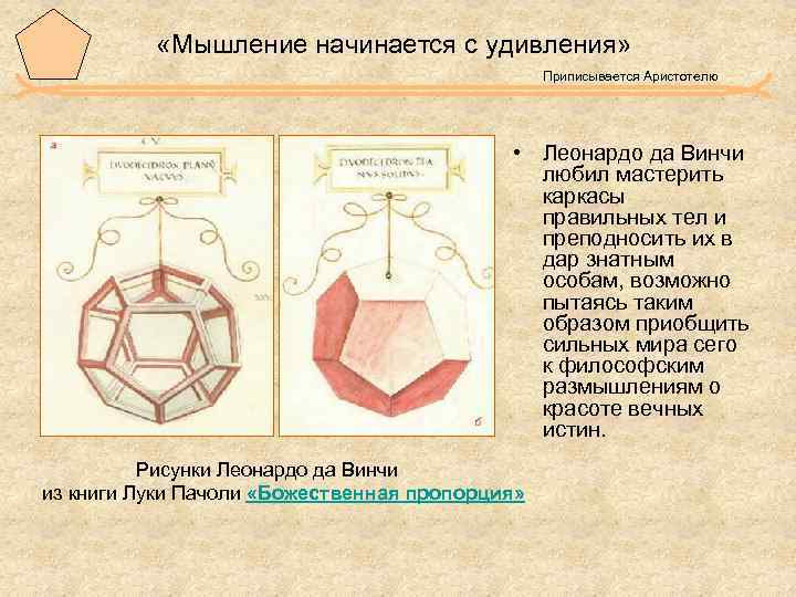  «Мышление начинается с удивления» Приписывается Аристотелю • Леонардо да Винчи любил мастерить каркасы
