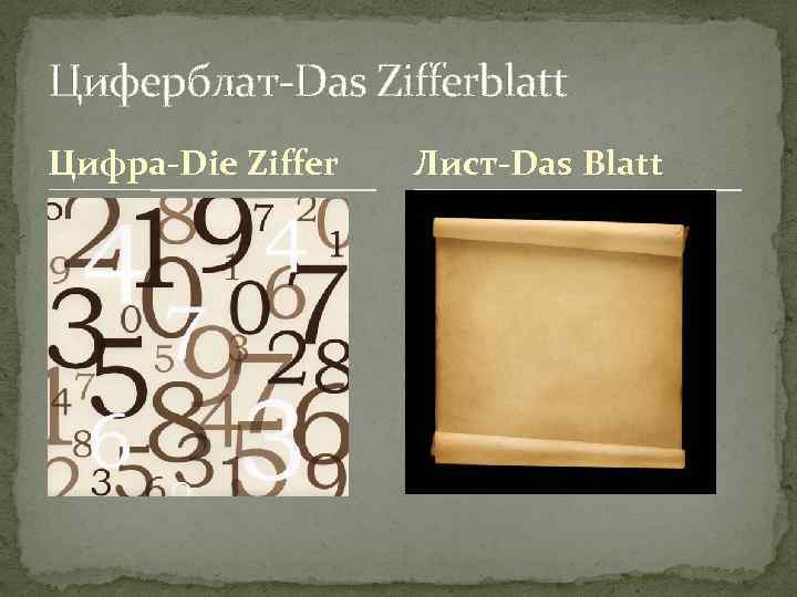 Циферблат-Das Zifferblatt Цифра-Die Ziffer Лист-Das Blatt 