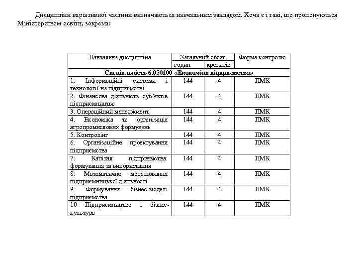 Дисципліни варіативної частини визначаються навчальним закладом. Хоча є і такі, що пропонуються Міністерством освіти,