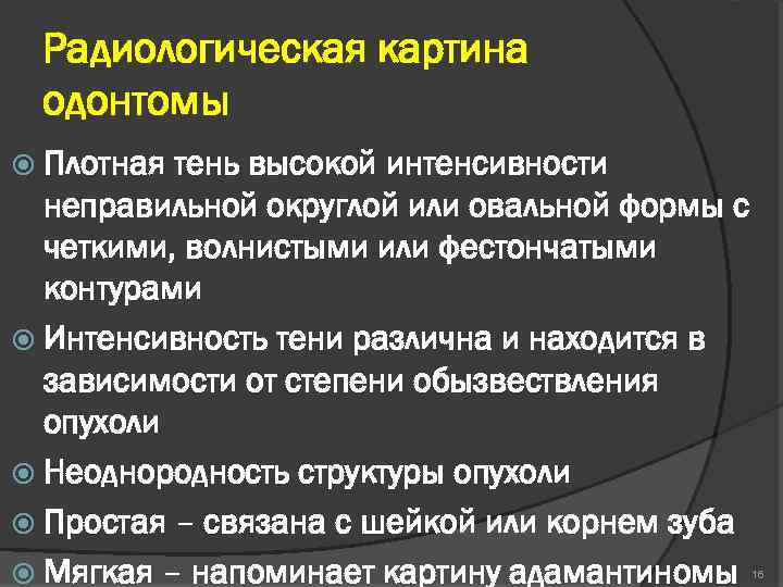 Радиологическая картина одонтомы Плотная тень высокой интенсивности неправильной округлой или овальной формы с четкими,