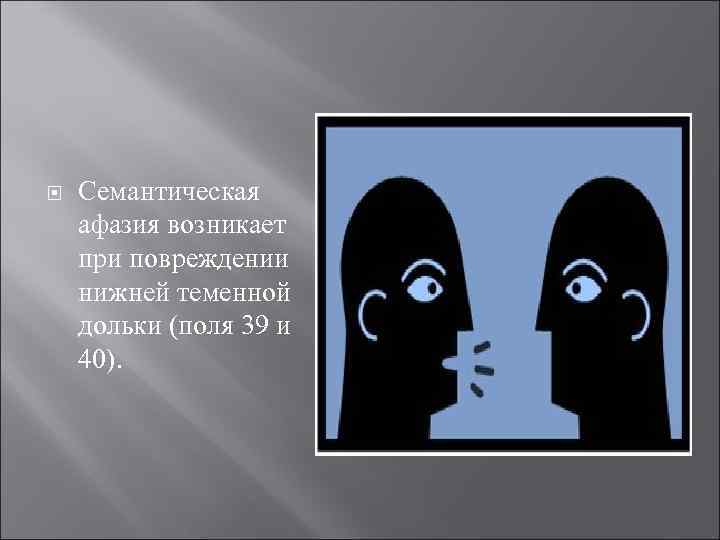  Семантическая афазия возникает при повреждении нижней теменной дольки (поля 39 и 40). 