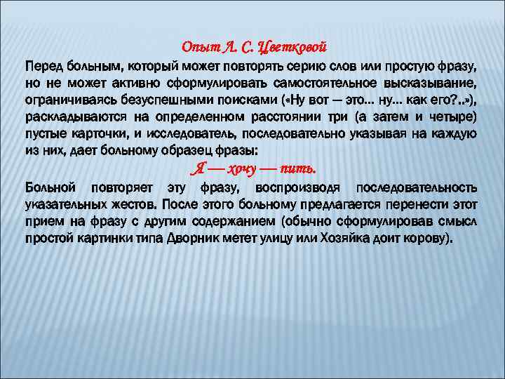 Опыт Л. С. Цветковой Перед больным, который может повторять серию слов или простую фразу,