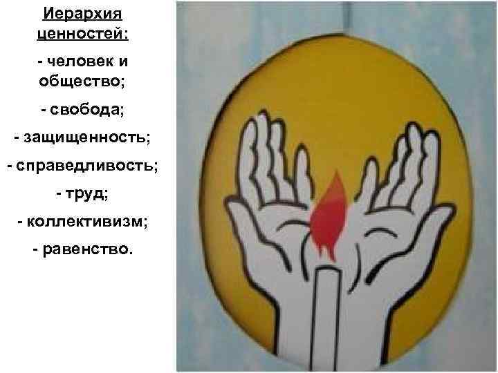 Иерархия ценностей: - человек и общество; - свобода; - защищенность; - справедливость; - труд;