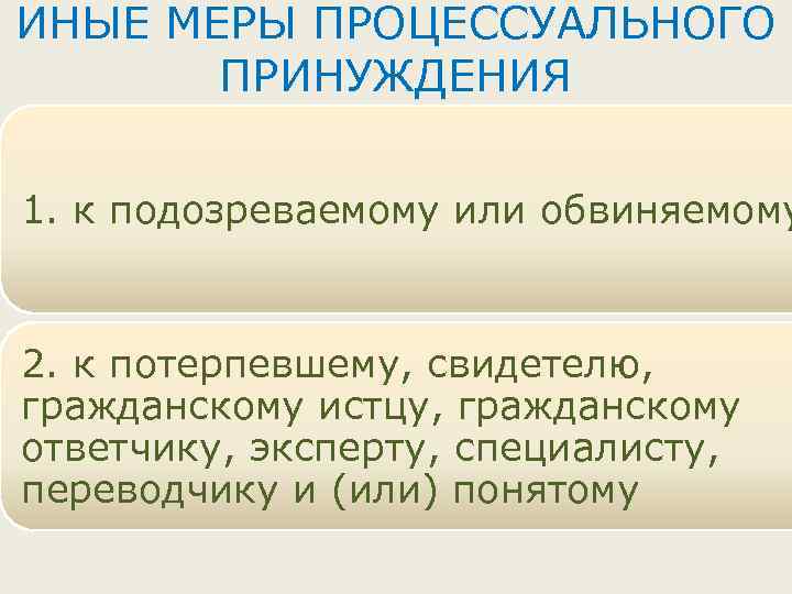 ИНЫЕ МЕРЫ ПРОЦЕССУАЛЬНОГО ПРИНУЖДЕНИЯ 1. к подозреваемому или обвиняемому 2. к потерпевшему, свидетелю, гражданскому