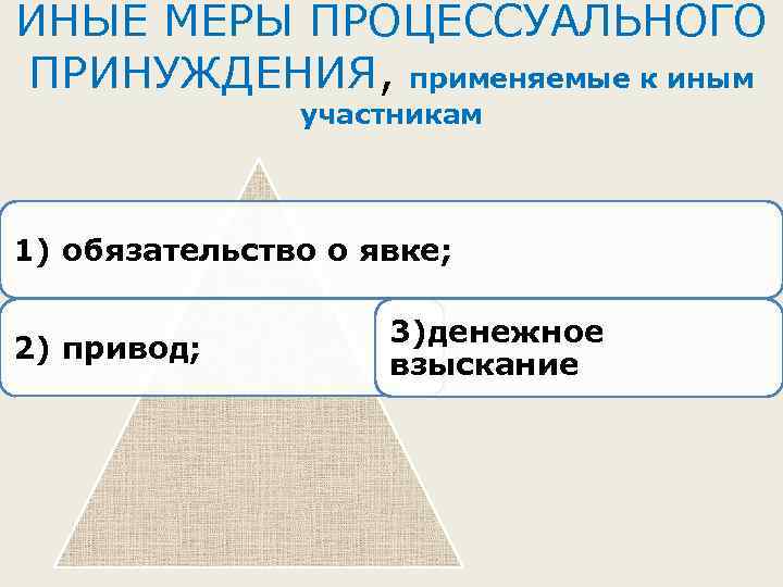 ИНЫЕ МЕРЫ ПРОЦЕССУАЛЬНОГО ПРИНУЖДЕНИЯ, применяемые к иным участникам 1) обязательство о явке; 2) привод;