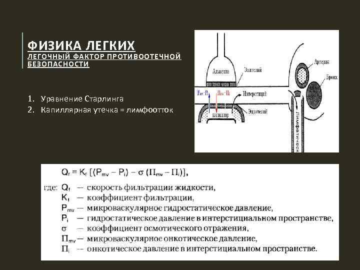 ФИЗИКА ЛЕГКИХ ЛЕГОЧНЫЙ ФАКТОР ПРОТИВООТЕЧНОЙ БЕЗОПАСНОСТИ 1. Уравнение Старлинга 2. Капиллярная утечка = лимфоотток