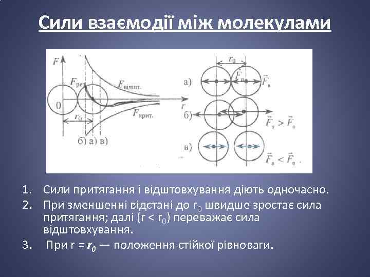 Сили взаємодії між молекулами 1. Сили притягання і відштовхування діють одночасно. 2. При зменшенні