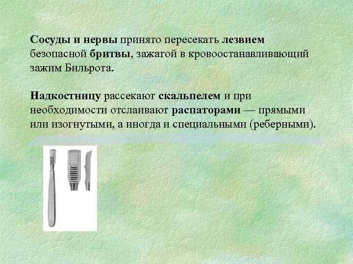 Сосуды и нервы принято пересекать лезвием безопасной бритвы, зажатой в кровоостанавливающий зажим Бильрота. Надкостницу