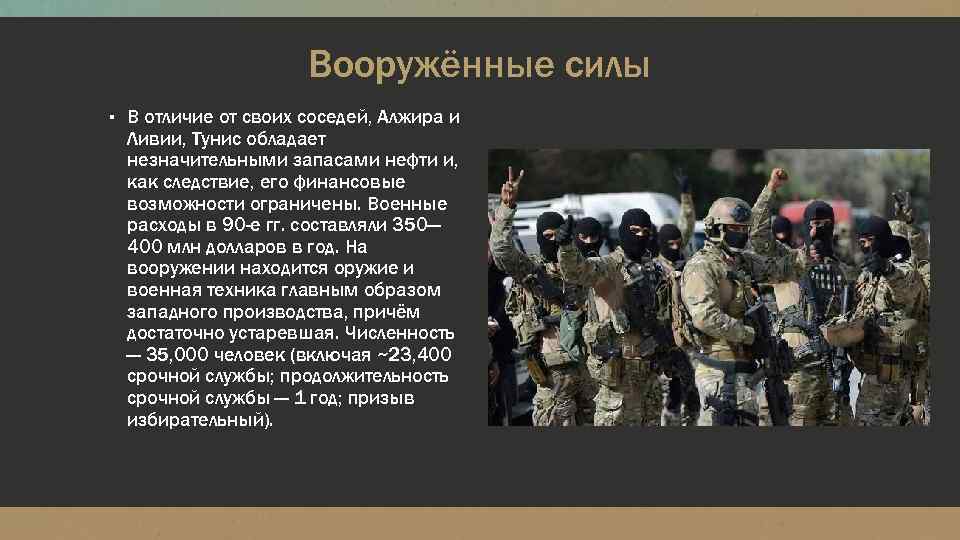 Вооружённые силы ▪ В отличие от своих соседей, Алжира и Ливии, Тунис обладает незначительными