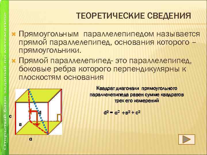 ТЕОРЕТИЧЕСКИЕ СВЕДЕНИЯ Прямоугольным параллелепипедом называется прямой параллелепипед, основания которого – прямоугольники. Прямой параллелепипед- это