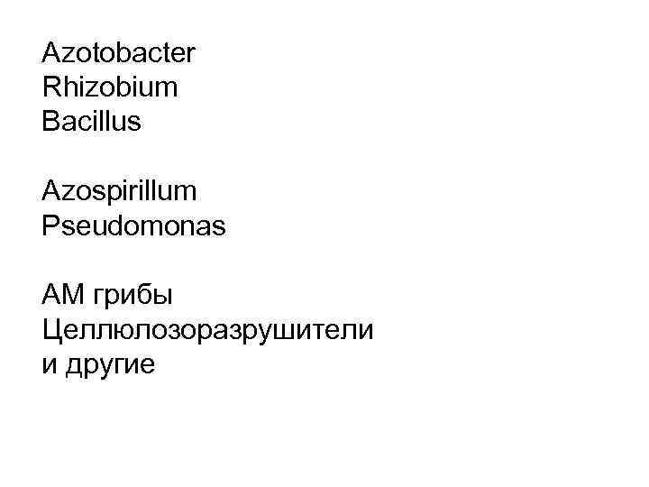 Azotobacter Rhizobium Bacillus Azospirillum Pseudomonas АМ грибы Целлюлозоразрушители и другие 