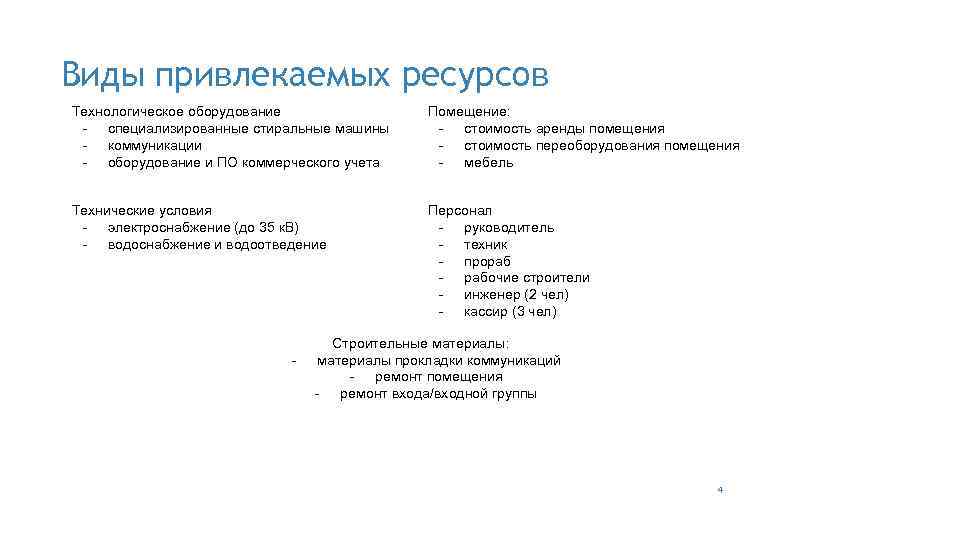 Виды привлекаемых ресурсов Технологическое оборудование - специализированные стиральные машины - коммуникации - оборудование и