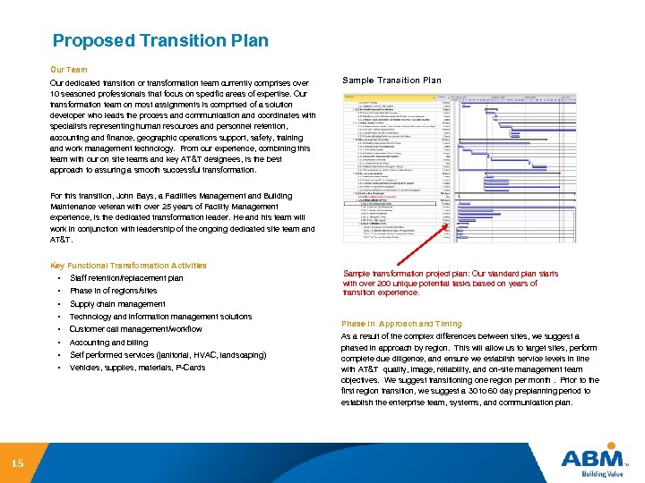 Proposed Transition Plan Our Team Our dedicated transition or transformation team currently comprises over
