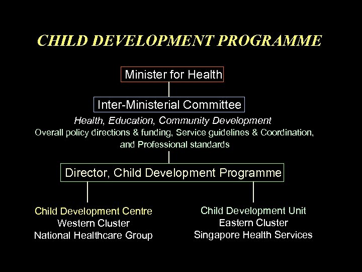 CHILD DEVELOPMENT PROGRAMME Minister for Health Inter-Ministerial Committee Health, Education, Community Development Overall policy