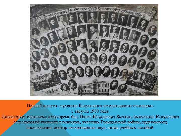 Первый выпуск студентов Калужского ветеринарного техникума. 1 августа 1933 года. Директором техникума в это