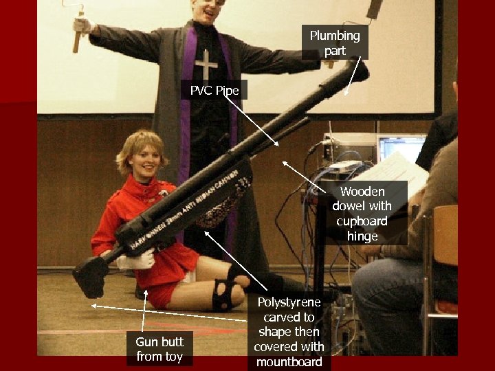 Plumbing part PVC Pipe Wooden dowel with cupboard hinge Gun butt from toy Polystyrene