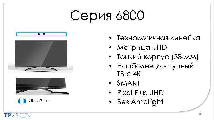 Серия 6800 Технологичная линейка Матрица UHD Тонкий корпус (38 мм) Наиболее доступный ТВ с