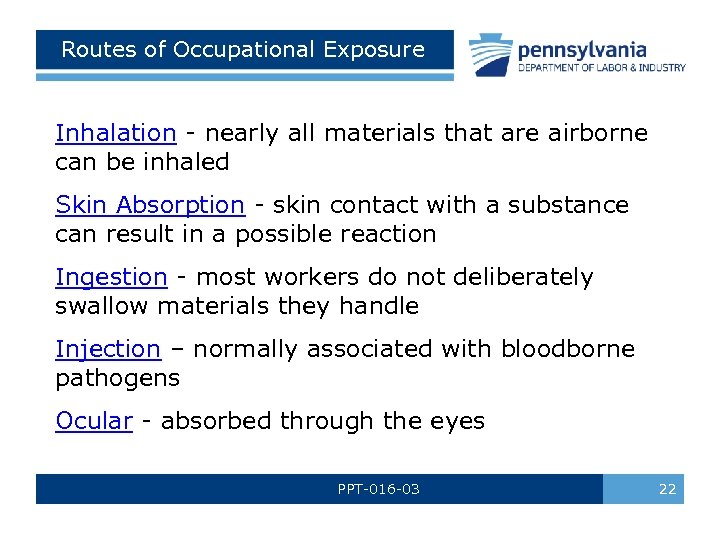 Routes of Occupational Exposure Inhalation - nearly all materials that are airborne can be