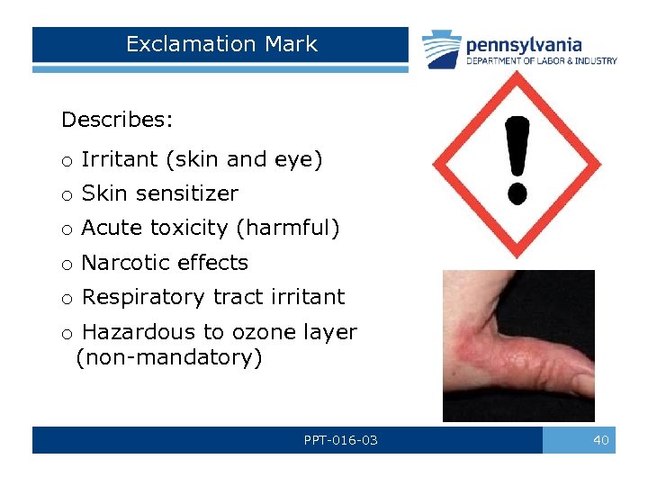 Exclamation Mark Describes: o Irritant (skin and eye) o Skin sensitizer o Acute toxicity