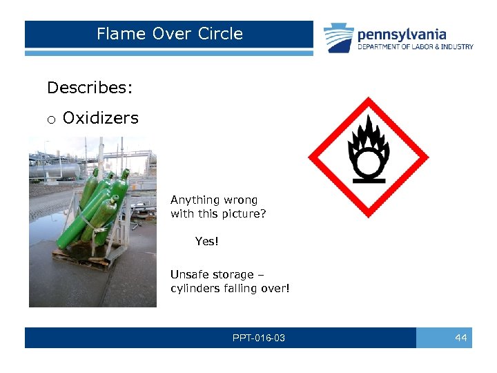 Flame Over Circle Describes: o Oxidizers Anything wrong with this picture? Yes! Unsafe storage