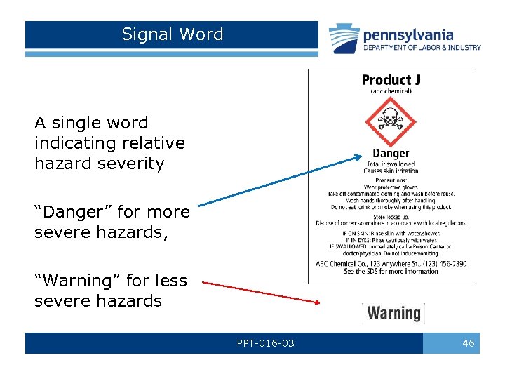 Signal Word A single word indicating relative hazard severity “Danger” for more severe hazards,