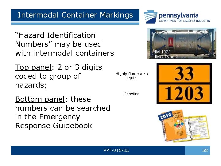 Intermodal Container Markings “Hazard Identification Numbers” may be used with intermodal containers Top panel: