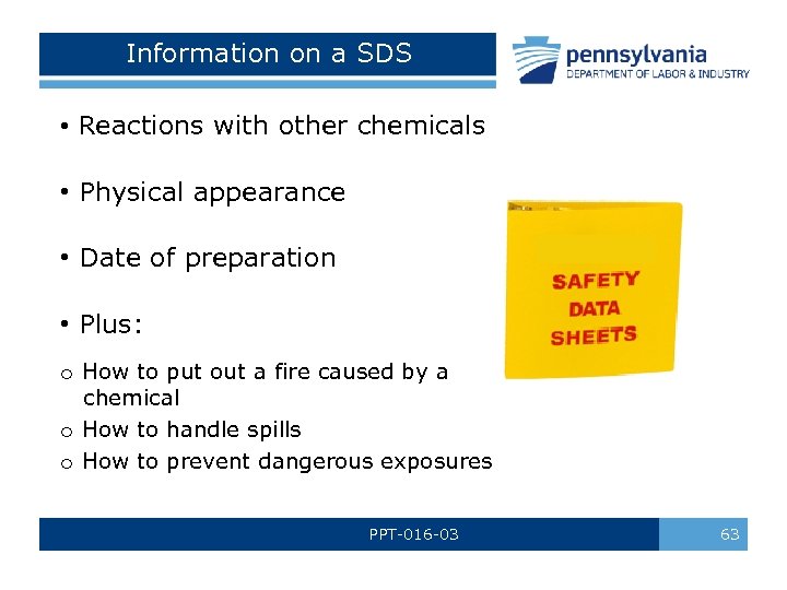 Information on a SDS • Reactions with other chemicals • Physical appearance • Date