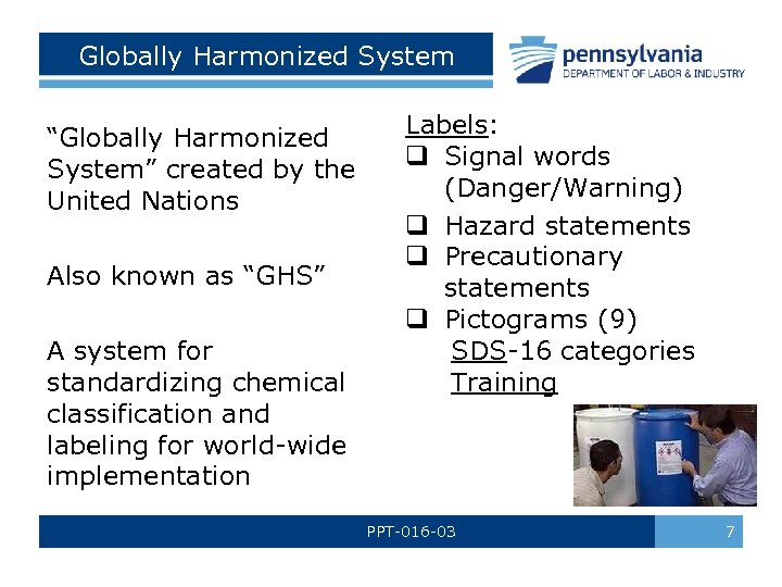 Globally Harmonized System “Globally Harmonized System” created by the United Nations Also known as