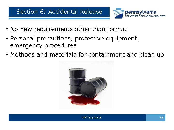 Section 6: Accidental Release • No new requirements other than format • Personal precautions,