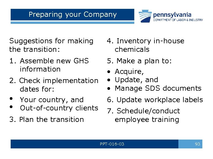 Preparing your Company Suggestions for making the transition: 4. Inventory in-house chemicals 1. Assemble