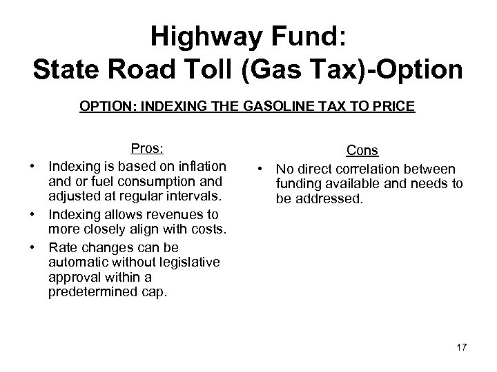 Highway Fund: State Road Toll (Gas Tax)-Option OPTION: INDEXING THE GASOLINE TAX TO PRICE