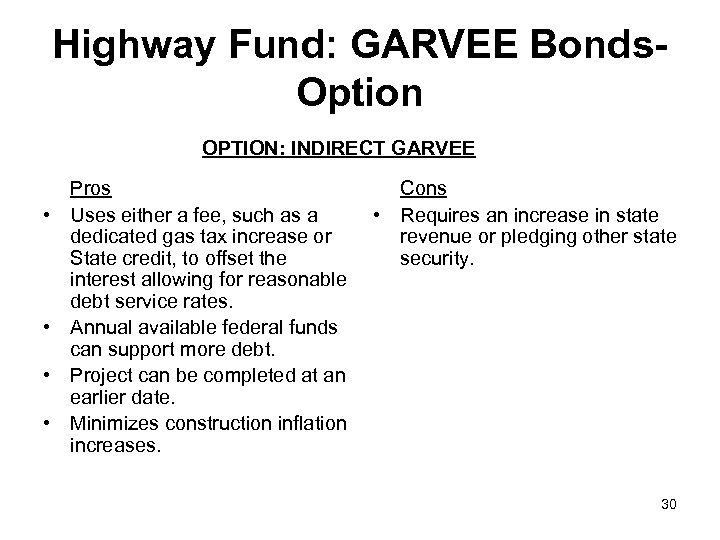 Highway Fund: GARVEE Bonds. Option OPTION: INDIRECT GARVEE • • Pros Uses either a