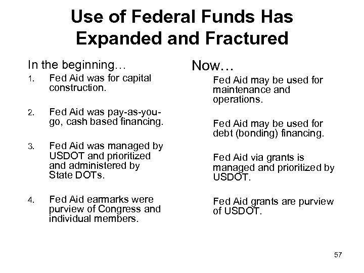 Use of Federal Funds Has Expanded and Fractured In the beginning… 1. Fed Aid