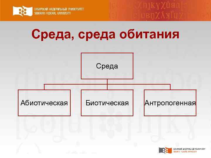 Среда, среда обитания Среда Абиотическая Биотическая Антропогенная 