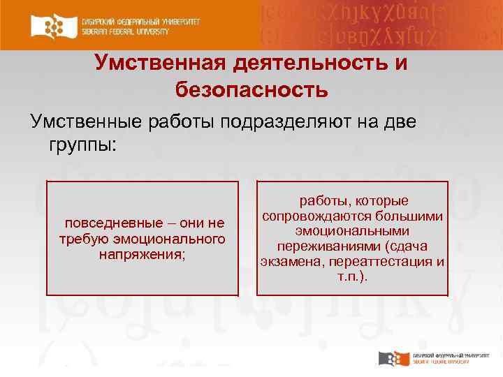 Умственная деятельность и безопасность Умственные работы подразделяют на две группы: повседневные – они не