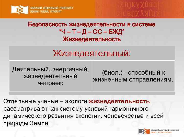 Безопасность жизнедеятельности в системе “Ч – Т – Д – ОС – БЖД” Жизнедеятельность