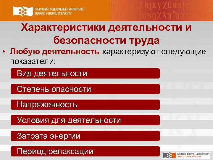 Характеристики деятельности и безопасности труда • Любую деятельность характеризуют следующие показатели: Вид деятельности Степень